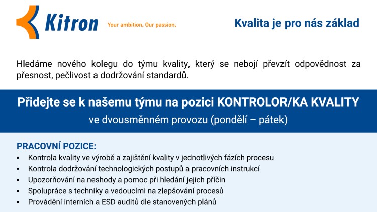 Inzerce: Přidejte se k týmu Kitron na pozici KONTROLOR/KA KVALITY
